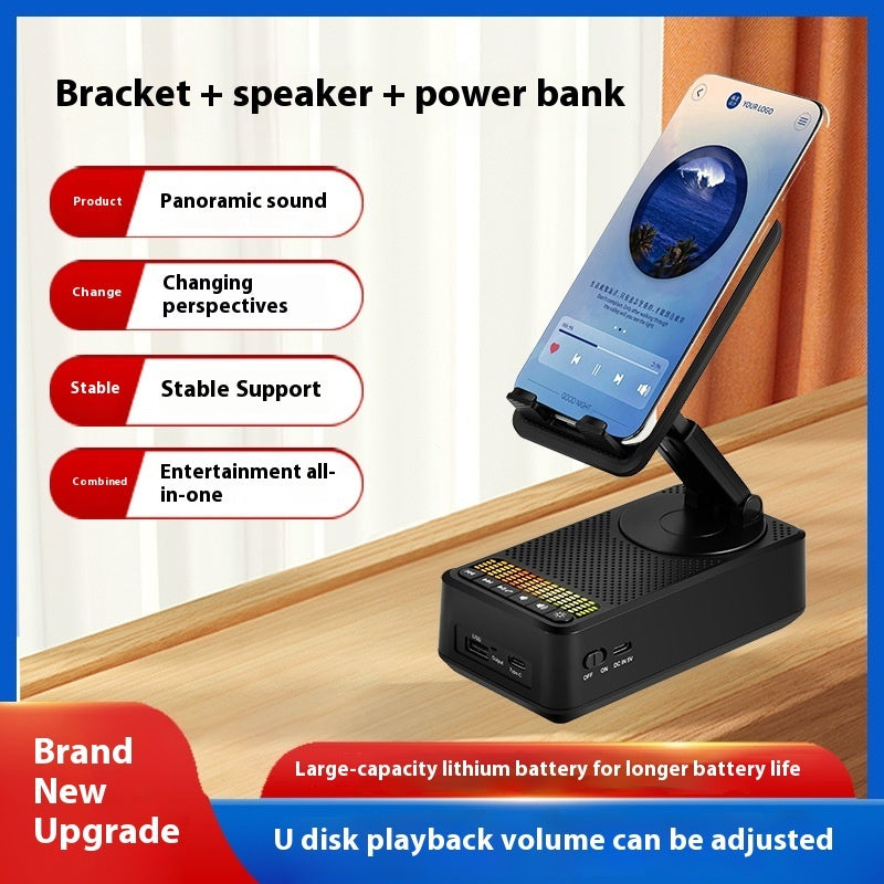 Multifunctional Phone Stand with Bluetooth Speaker & Power Bank | Foldable, Rotating Mobile Holder with Built-in Battery