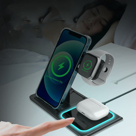 3 in 1 Wireless Charger Station – Foldable Fast Charging Dock with Ambient Light, Portable Charging Pad for iPhone 16 15 14 13 12, Apple Watch, AirPods, Samsung Galaxy – Travel-Friendly Charging Stand