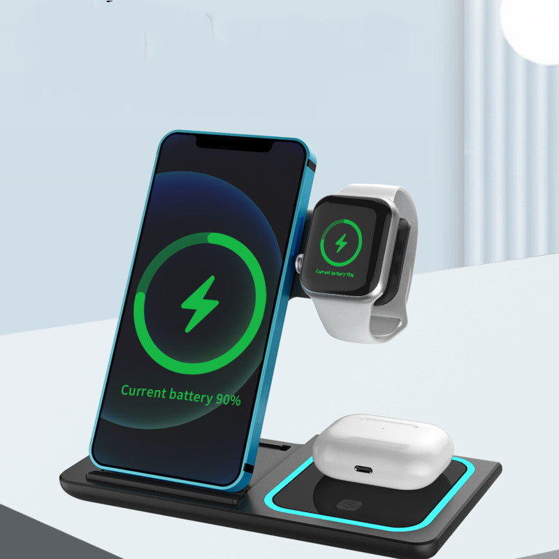 3 in 1 Wireless Charger Station – Foldable Fast Charging Dock with Ambient Light, Portable Charging Pad for iPhone 16 15 14 13 12, Apple Watch, AirPods, Samsung Galaxy – Travel-Friendly Charging Stand